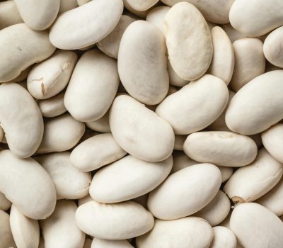 Detailed flatlay of white beans showcasing texture and natural form, ideal for food-related content.